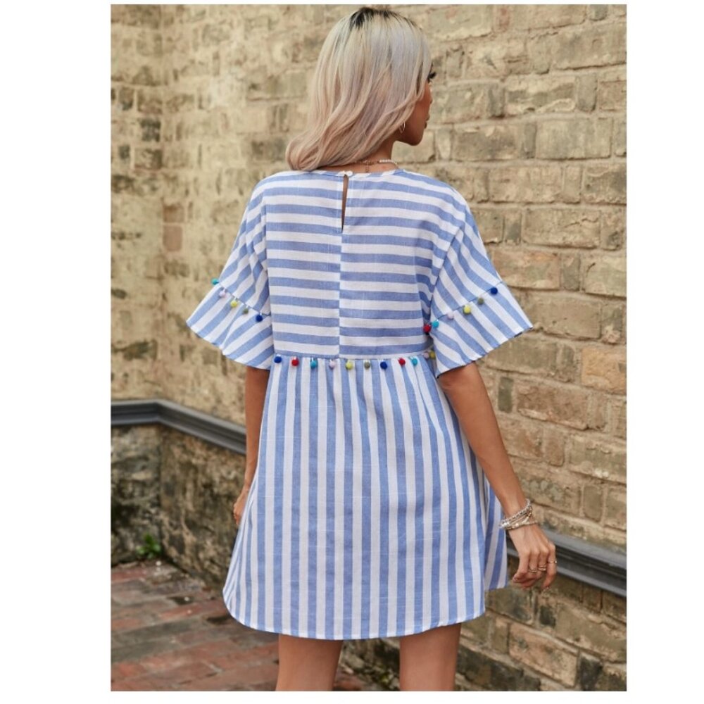 COTTON STRIPED POMPOM DRESS - Picture 3 of 13